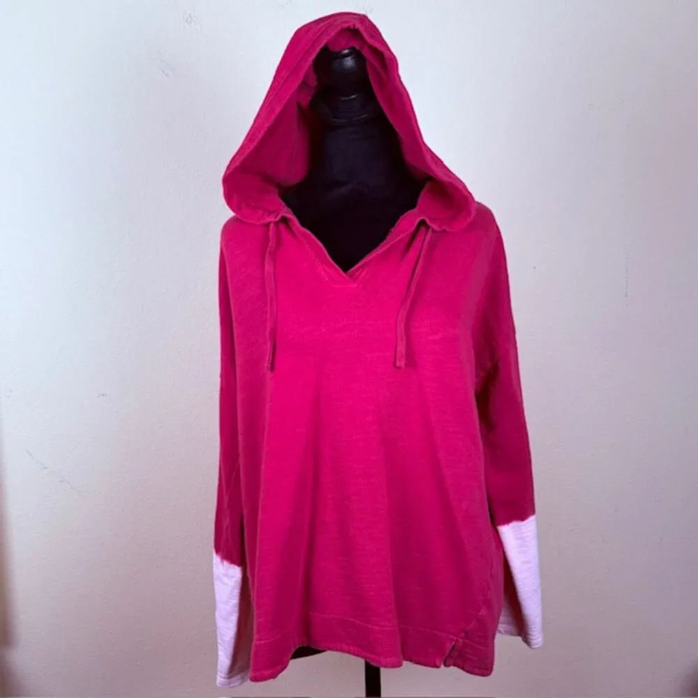 J Jill Hoodie Womens Medium Red Pink Dip Dye Slub Cotton Pullover Top Relaxed